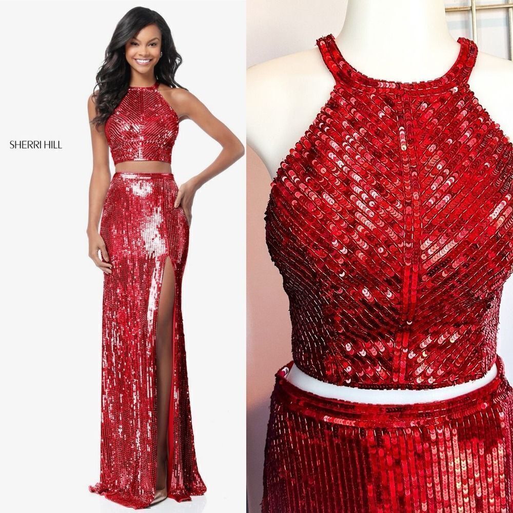 Sherri Hill Red Sequins 2-Piece Crop Top Skirt Gown Dress Slit Size 4 - 51662